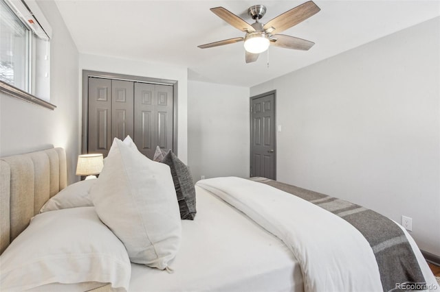 bedroom featuring a closet and ceiling fan