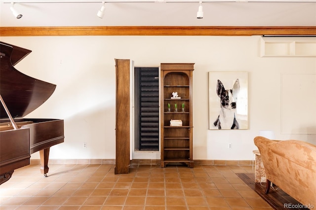 wine area with tile patterned floors, rail lighting, and baseboards