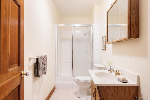 full bath featuring vanity, a shower stall, toilet, and tile patterned flooring