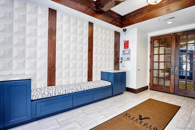 mudroom with coffered ceiling, french doors, and beamed ceiling