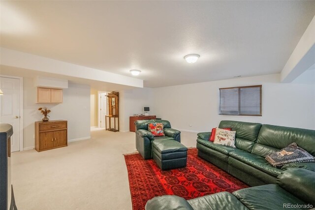 living room featuring light carpet