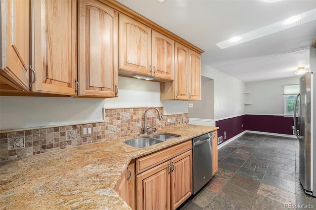 8525 Grandview Ave, Arvada, CO 80002 - kitchen with appliances with stainless steel finishes, decorative backsplash, light stone countertops, and dark stone finish flooring