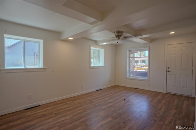327 E 7th St, Walsenburg, CO 81089 - empty room with ceiling fan, recessed lighting, baseboards, wood finished floors, and beamed ceiling