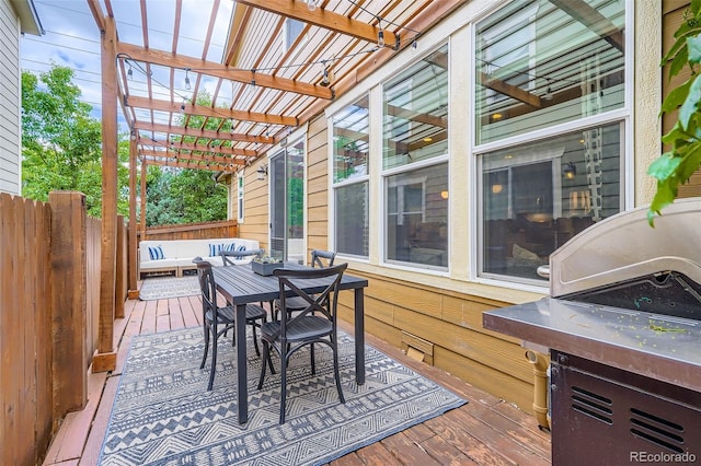 1519 S Dayton St, Denver, CO 80247 - wooden deck featuring outdoor lounge area, a pergola, and outdoor dining area