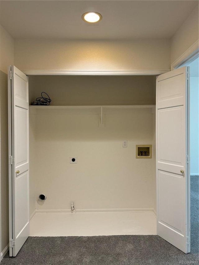 laundry room featuring dark colored carpet, electric dryer hookup, hookup for a washing machine, and gas dryer hookup