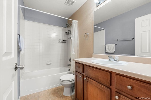 full bath with visible vents, toilet, tile patterned floors, shower / bath combination with curtain, and vanity