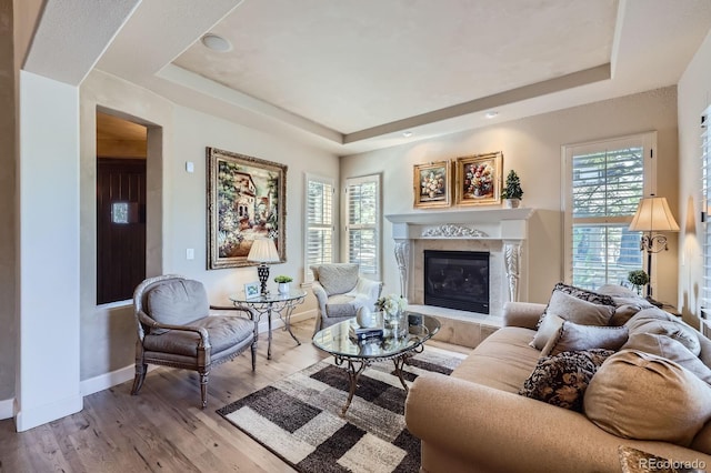 living area featuring baseboards, a healthy amount of sunlight, a raised ceiling, and a tile fireplace