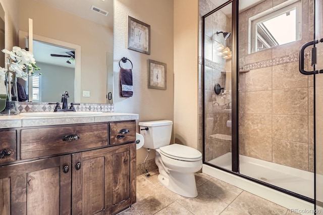 full bathroom with visible vents, a stall shower, and a wealth of natural light