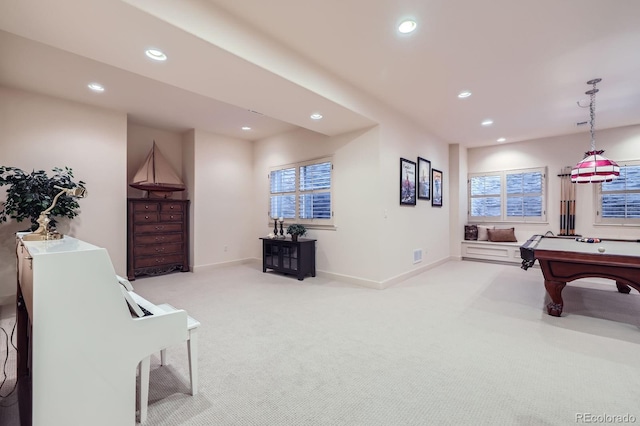 playroom with baseboards, carpet, recessed lighting, and billiards