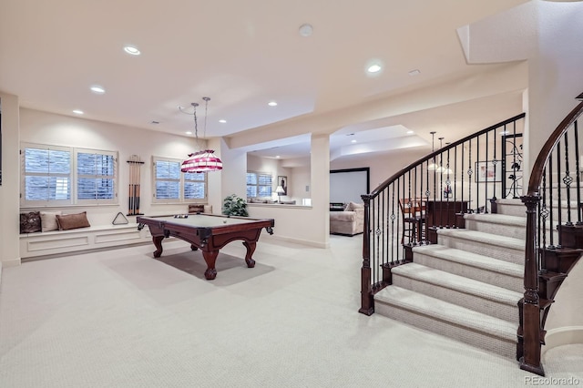 rec room featuring recessed lighting, billiards, a wealth of natural light, and light carpet
