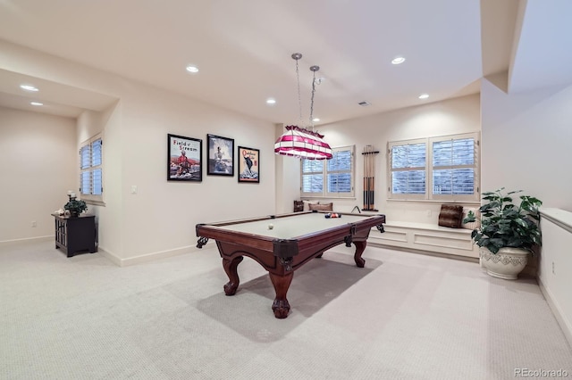 playroom with recessed lighting, pool table, and light colored carpet