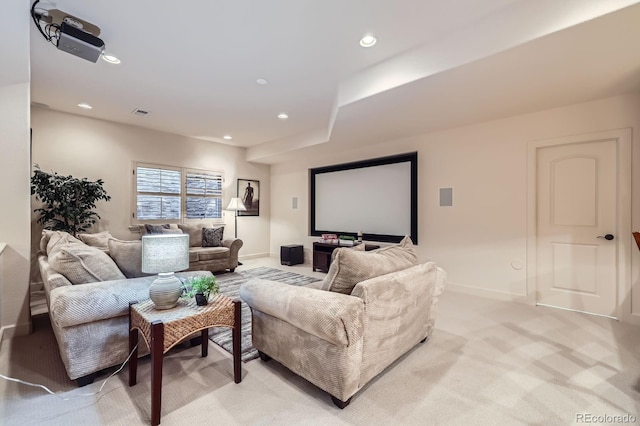 home theater with recessed lighting, baseboards, and light colored carpet