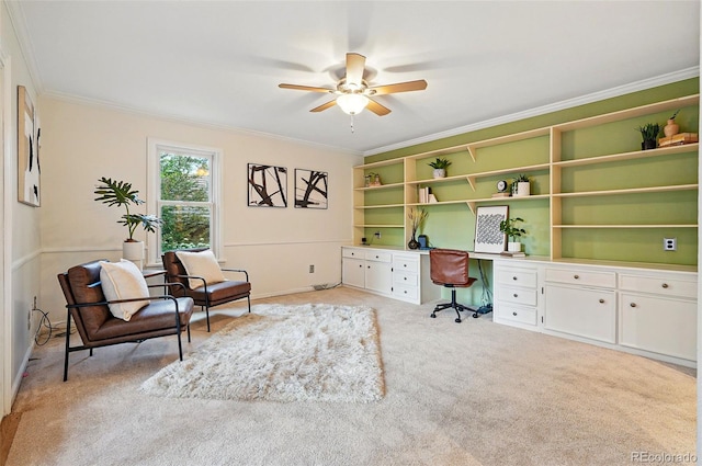 10849 E Crestridge Cir, Englewood, CO 80111 - office with light colored carpet, ornamental molding, ceiling fan, and built in desk