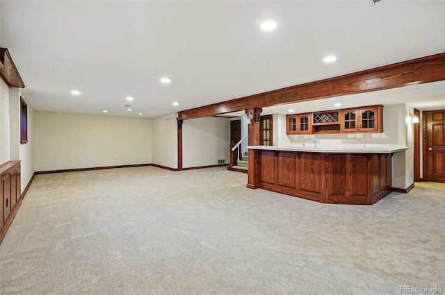 10849 E Crestridge Cir, Englewood, CO 80111 - indoor wet bar with recessed lighting, light colored carpet, baseboards, and stairs