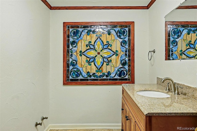 10849 E Crestridge Cir, Englewood, CO 80111 - bathroom featuring vanity, ornamental molding, and baseboards