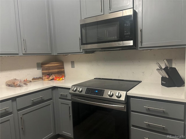 kitchen with gray cabinetry and appliances with stainless steel finishes