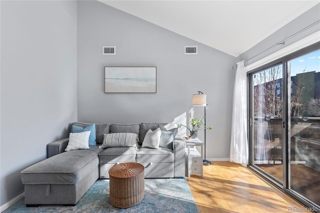 living room featuring lofted ceiling and wood-type flooring