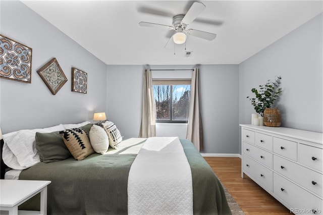 bedroom with light hardwood / wood-style floors and ceiling fan