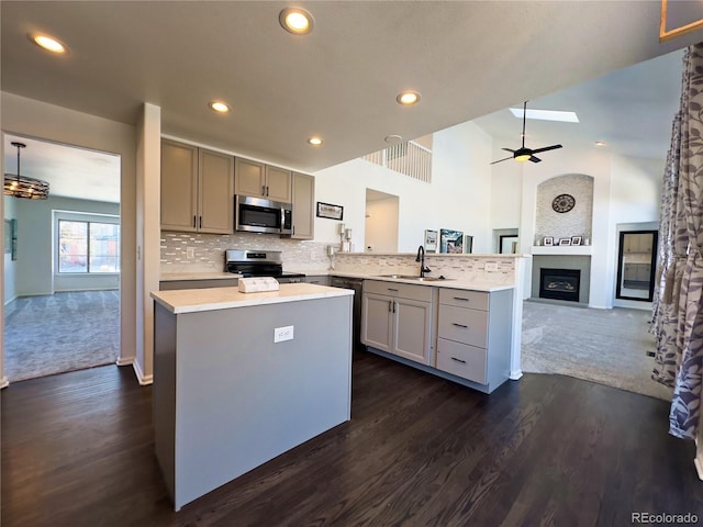 kitchen with a large fireplace, dark hardwood / wood-style floors, appliances with stainless steel finishes, and gray cabinets