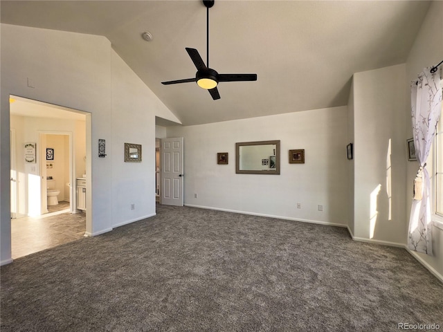 unfurnished living room featuring dark colored carpet, high vaulted ceiling, and ceiling fan