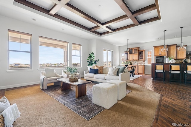 27485 E Nova Pl, Aurora, CO 80016 - living area with coffered ceiling, beam ceiling, and dark wood-style flooring