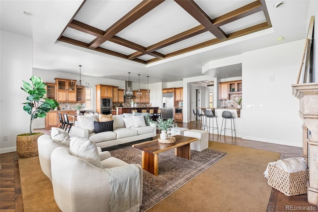 27485 E Nova Pl, Aurora, CO 80016 - living area with coffered ceiling, beam ceiling, dark carpet, and recessed lighting