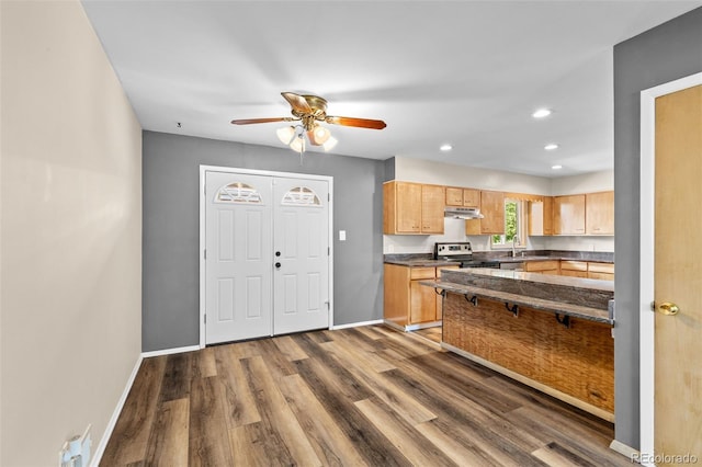 2101 Youngfield St, Golden, CO 80401 - kitchen featuring stainless steel electric range, dark wood-style floors, a ceiling fan, under cabinet range hood, and recessed lighting