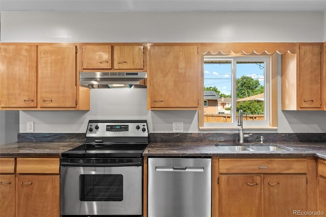 2101 Youngfield St, Golden, CO 80401 - kitchen featuring stainless steel appliances, under cabinet range hood, and dark stone countertops