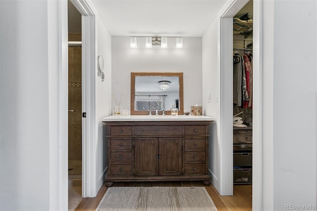 bathroom featuring a spacious closet, vanity, and wood finished floors