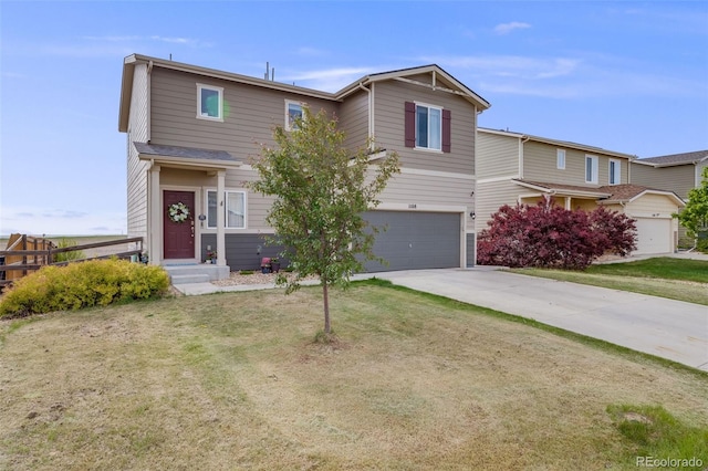 view of front facade with a garage, concrete driveway, a front lawn, and entry steps