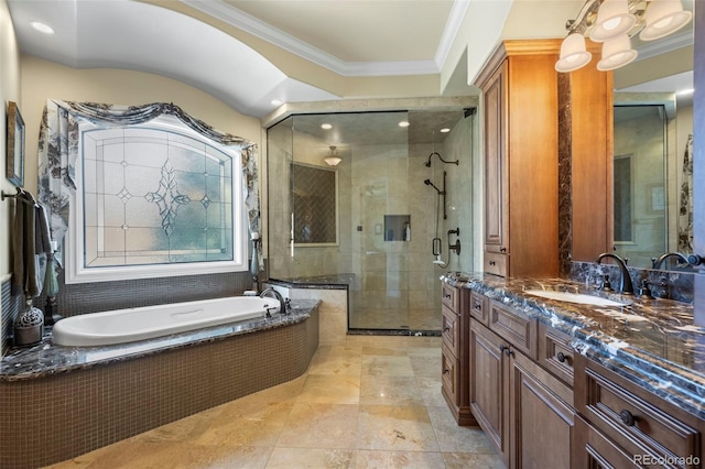 2378 Plumb Pl, Erie, CO 80516 - full bath featuring vanity, a garden tub, a stall shower, and crown molding