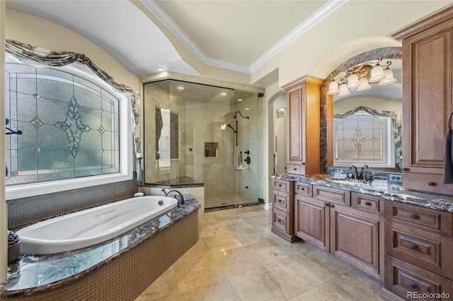 2378 Plumb Pl, Erie, CO 80516 - bathroom featuring a shower stall, a bath, vanity, and crown molding