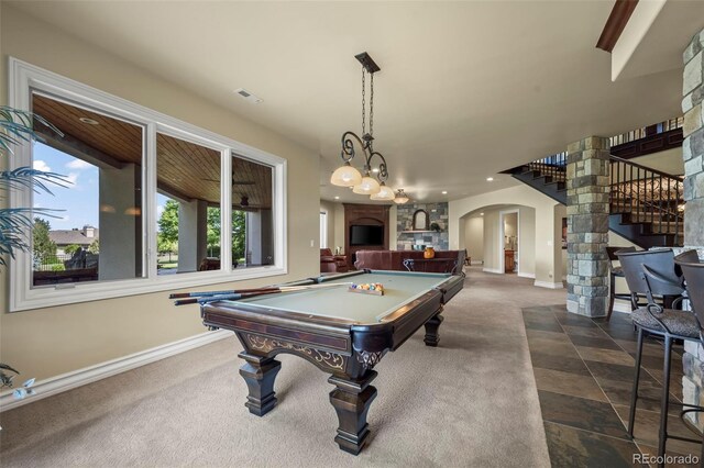 2378 Plumb Pl, Erie, CO 80516 - rec room featuring arched walkways, dark carpet, billiards table, and recessed lighting
