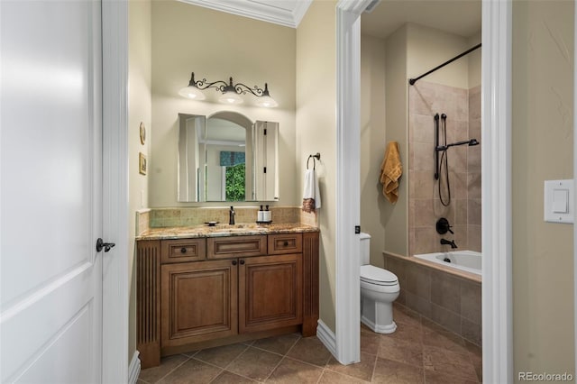 2378 Plumb Pl, Erie, CO 80516 - bathroom with tiled shower / bath, vanity, tile patterned floors, and crown molding