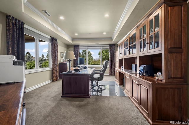2378 Plumb Pl, Erie, CO 80516 - office area with a tray ceiling, light colored carpet, ornamental molding, and recessed lighting