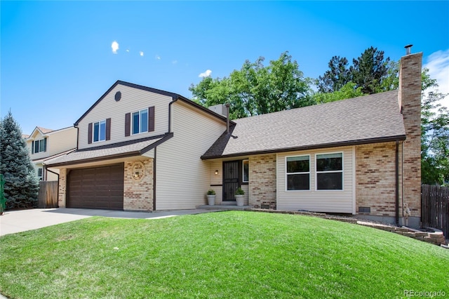 1168 E Kettle Pl, Centennial, CO 80122 - traditional-style home with brick siding, a chimney, a garage, driveway, and a shingled roof
