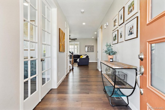 8102 Adams Fork Ave, Littleton, CO 80125 - hallway with french doors, wood finished floors, recessed lighting, beverage cooler, and baseboards