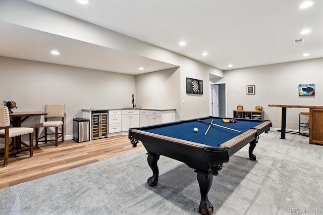 8102 Adams Fork Ave, Littleton, CO 80125 - game room with wine cooler, bar with sink, recessed lighting, billiards table, and light colored carpet