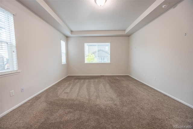 carpeted spare room featuring a tray ceiling and baseboards