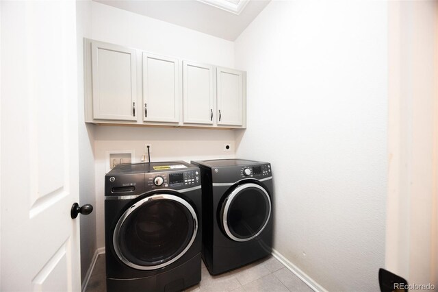 12652 Glencoe St, Thornton, CO 80241 - laundry room featuring washer and dryer, cabinet space, baseboards, and light tile patterned floors