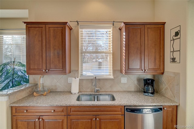 kitchen featuring stainless steel dishwasher, plenty of natural light, backsplash, and a sink