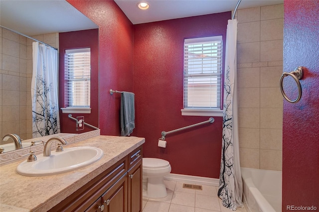 full bath with vanity, visible vents, baseboards, tile patterned flooring, and toilet