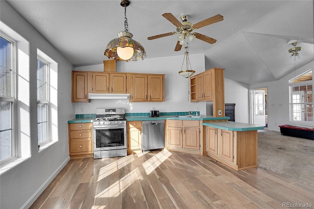 kitchen with appliances with stainless steel finishes, vaulted ceiling, a healthy amount of sunlight, and sink