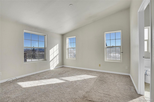 carpeted empty room with vaulted ceiling