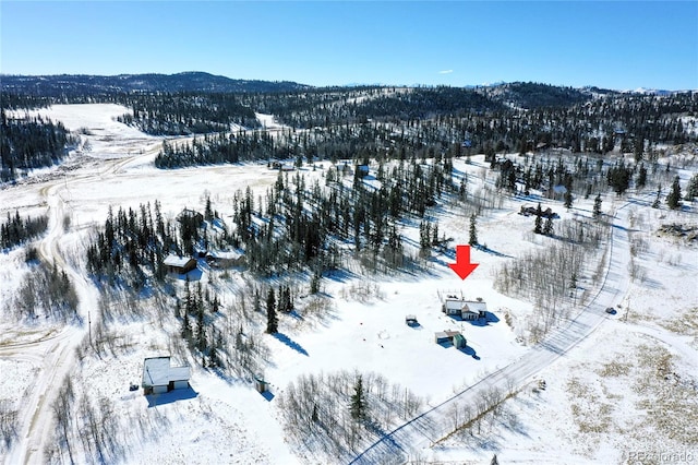 snowy aerial view featuring a mountain view