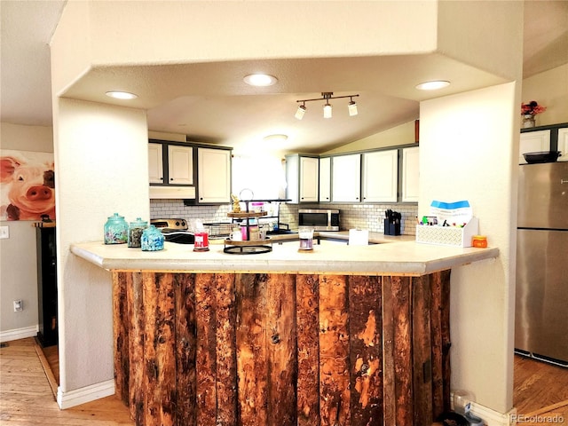 160 Shannon Ct, Rockvale, CO 81244 - kitchen featuring stainless steel appliances, a peninsula, wood finished floors, backsplash, and under cabinet range hood