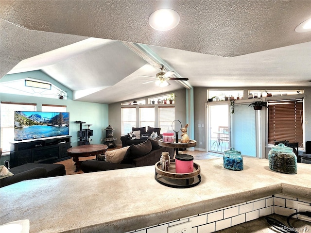 160 Shannon Ct, Rockvale, CO 81244 - living area featuring vaulted ceiling, a textured ceiling, ceiling fan, and plenty of natural light
