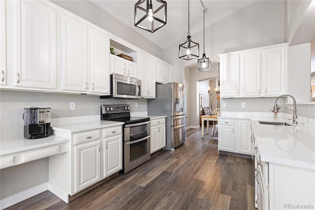 kitchen featuring pendant lighting, appliances with stainless steel finishes, sink, and white cabinets