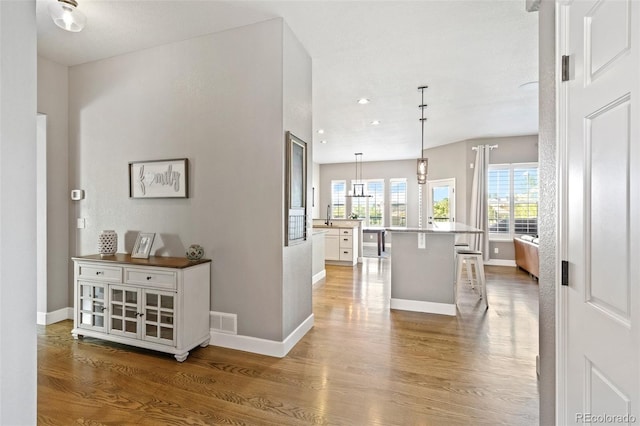 444 Pasada Way, Monument, CO 80132 - hall featuring wood finished floors, baseboards, a sink, and recessed lighting