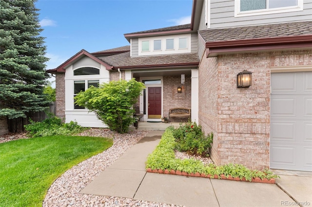 6643 Orion Ct, Arvada, CO 80007 - doorway to property featuring a garage, a shingled roof, and brick siding